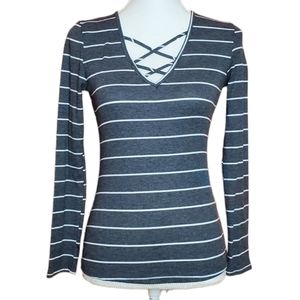 Evelie Gray & White Striped Long Sleeve V Neck Top
